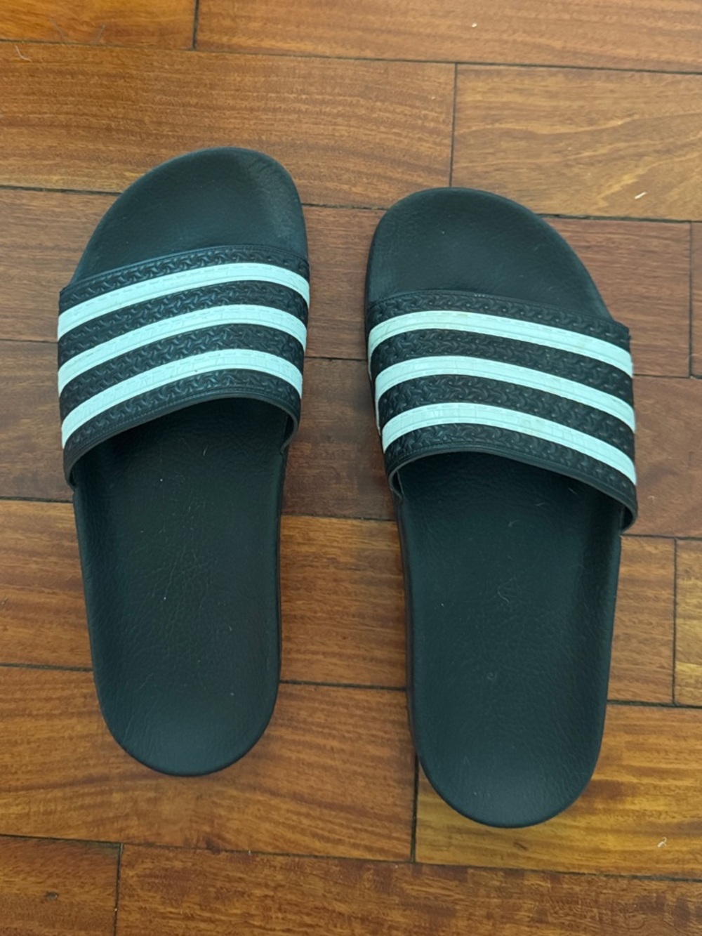 Adidas Black Slides with White Stripes